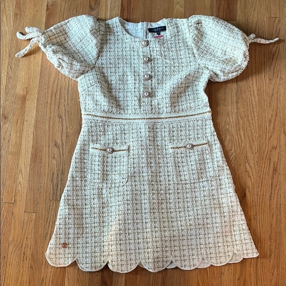 Ivory and Gold A-Line Dress with Puffy Tie Sleeve - Picture 1 of 4
